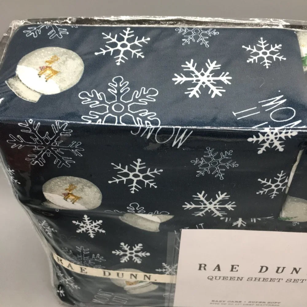 Rae Dunn Christmas LET IT SNOW Sheet Set Snowflakes Reindeer Snowman Snow Globes
